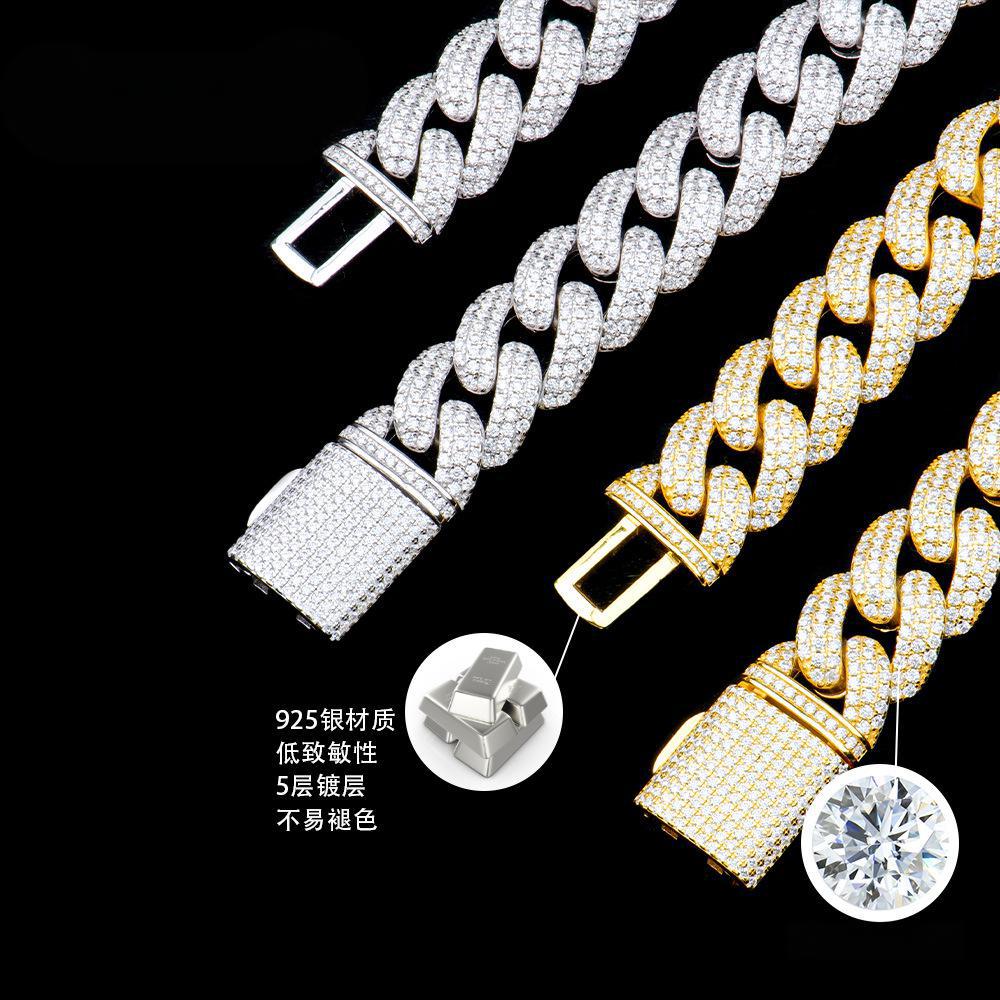 14mm跨境欧美嘻哈镀金手链粗款3排莫桑石男高级感痞帅轻奢古巴链