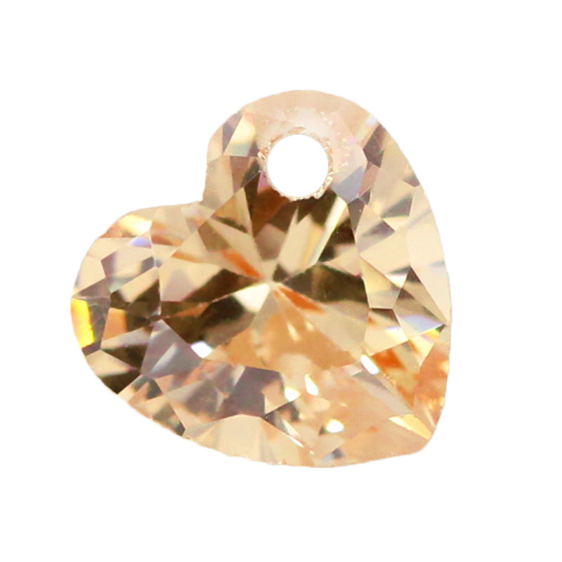 桃心形香槟色锆石单孔裸石 心形人造CZ宝石戒面尖底打孔