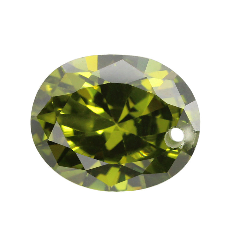 单孔蛋形橄榄绿色锆石裸石 打孔椭圆形人造CZ宝石镶耳环