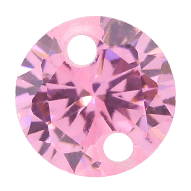 圆形粉红色双孔锆石裸石带洞 合成立方氧化锆戒面打孔