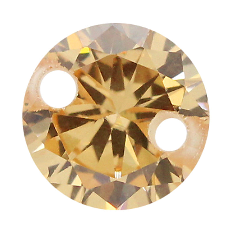 圆形香槟色双孔锆石裸石戒面 带孔合成彩色宝石打洞配石