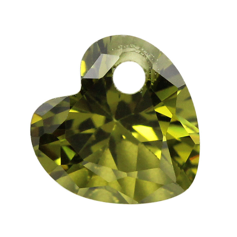 桃心形橄榄绿色锆石单孔裸石 心形带孔人造CZ宝石戒面