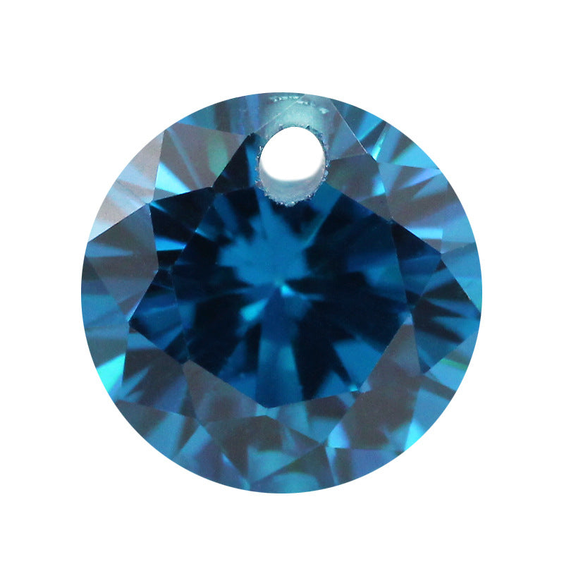 圆形深海蓝色锆石单孔裸石戒面 带孔人造蓝宝石镶嵌耳环