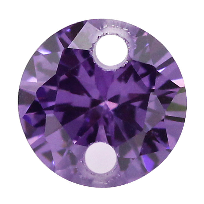 圆形紫红色双孔锆石裸石 打孔打洞戒面彩色散珠耳环配件