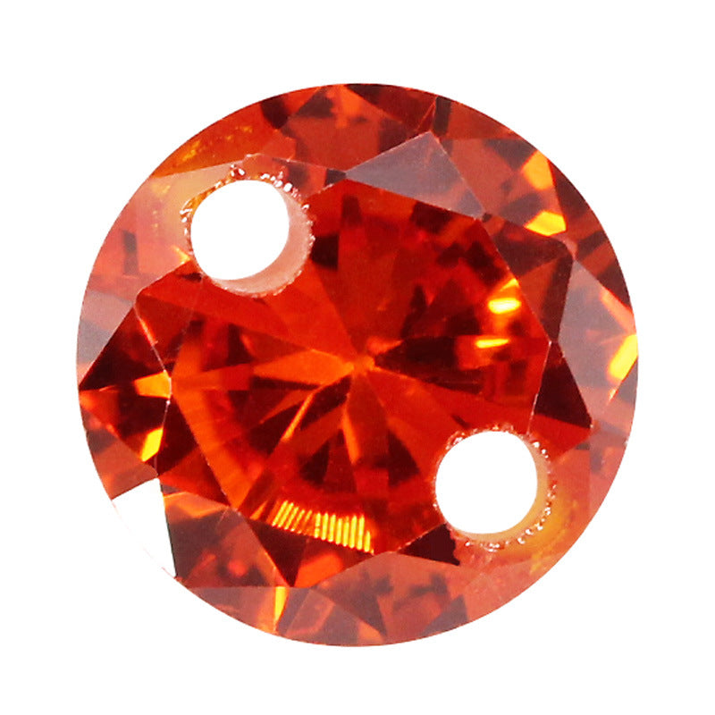 圆形桔红色锆石双孔裸石 打孔橘红锆人造CZ宝石镶耳环