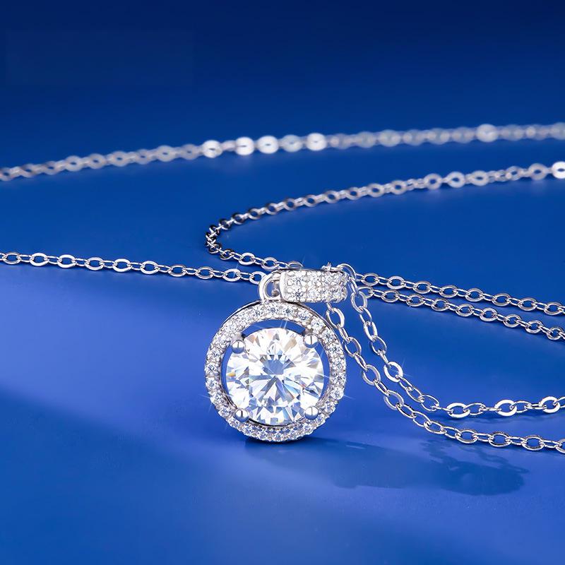 S925纯银莫桑石项链女生时尚百搭圆包吊坠圆形锁骨链