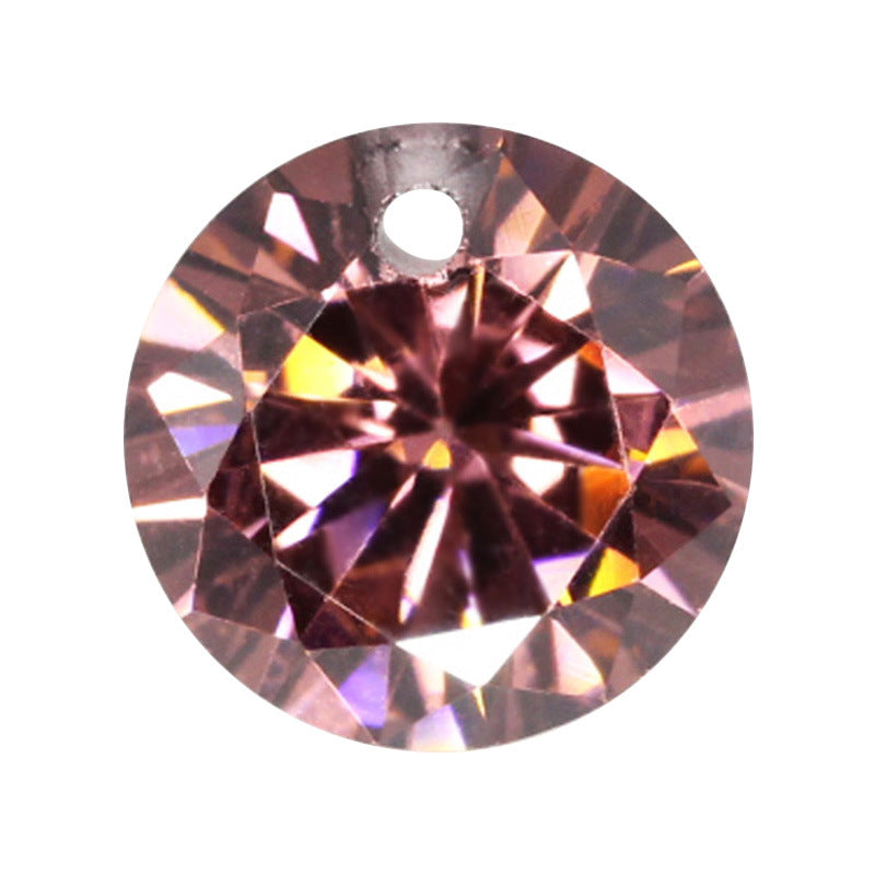 圆形胭脂色锆石单孔裸石 带孔人造宝石戒面烟锆微镶耳环