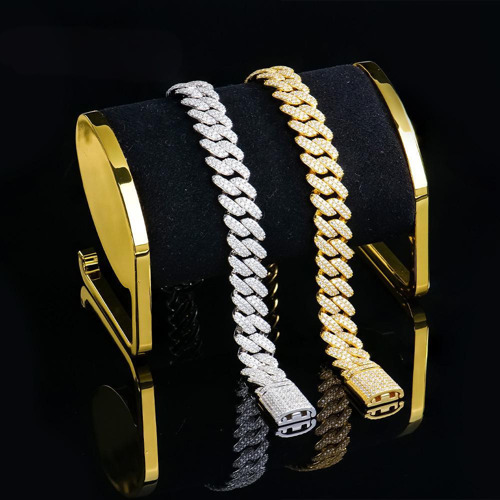 12MM欧美个性古巴链s925银镀黄白金镶2排莫桑钻粗款男式高档手链