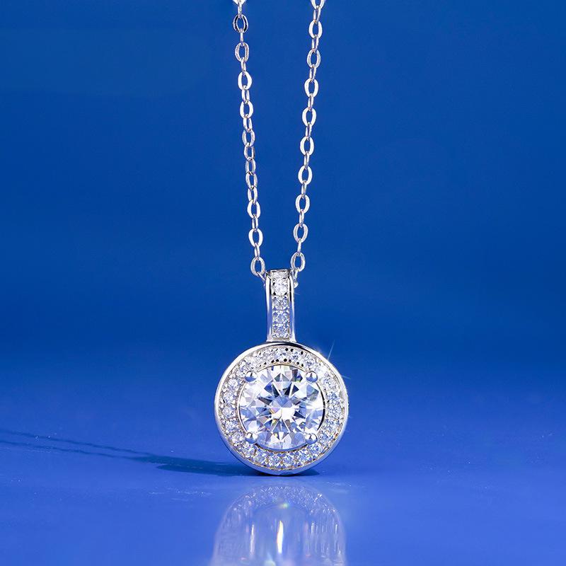 S925纯银莫桑石项链女生时尚百搭圆包吊坠圆形锁骨链