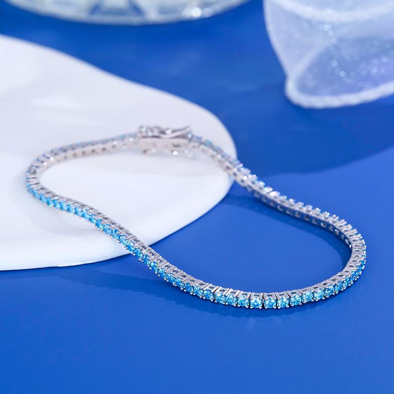 跨境海蓝莫桑石手链ins女生银彩宝网球链简约气质手饰品批发