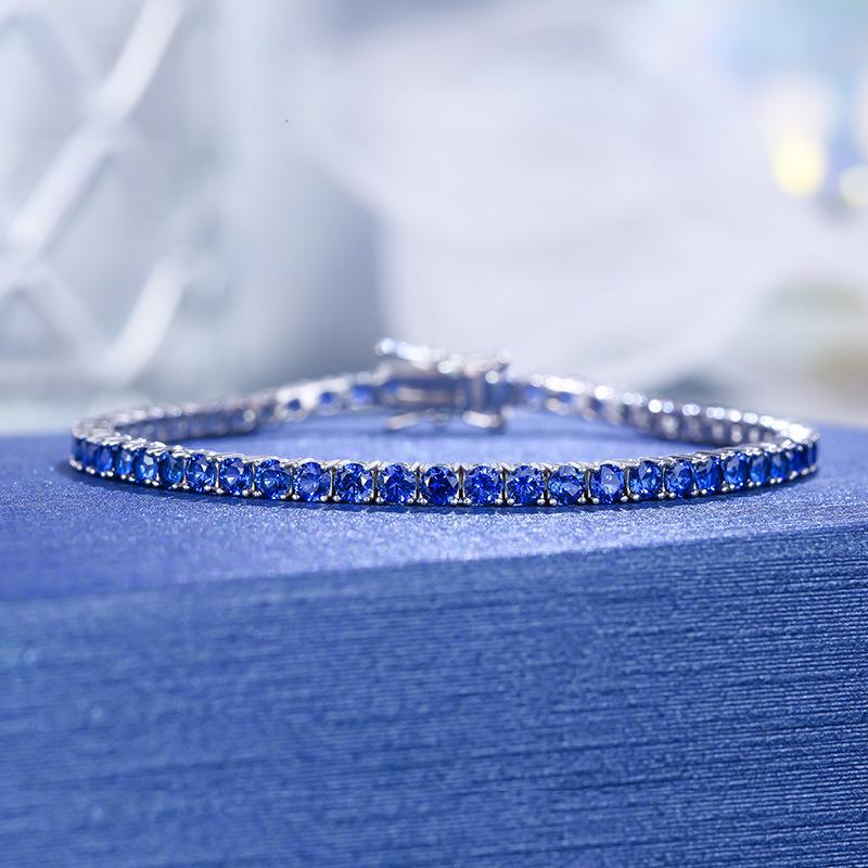 跨境蓝宝石莫桑石手链ins女生银培育彩宝网球链简约气质手饰品批