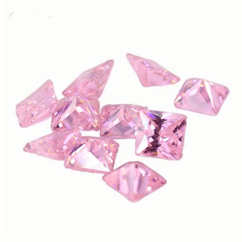 正方形直角粉红色锆石CZ单孔裸石批发 边线打孔饰品首饰