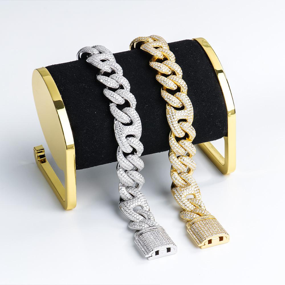 15mm欧美嘻哈说唱男式古巴链粗s925银镀金镶莫桑钻手饰高级感手链