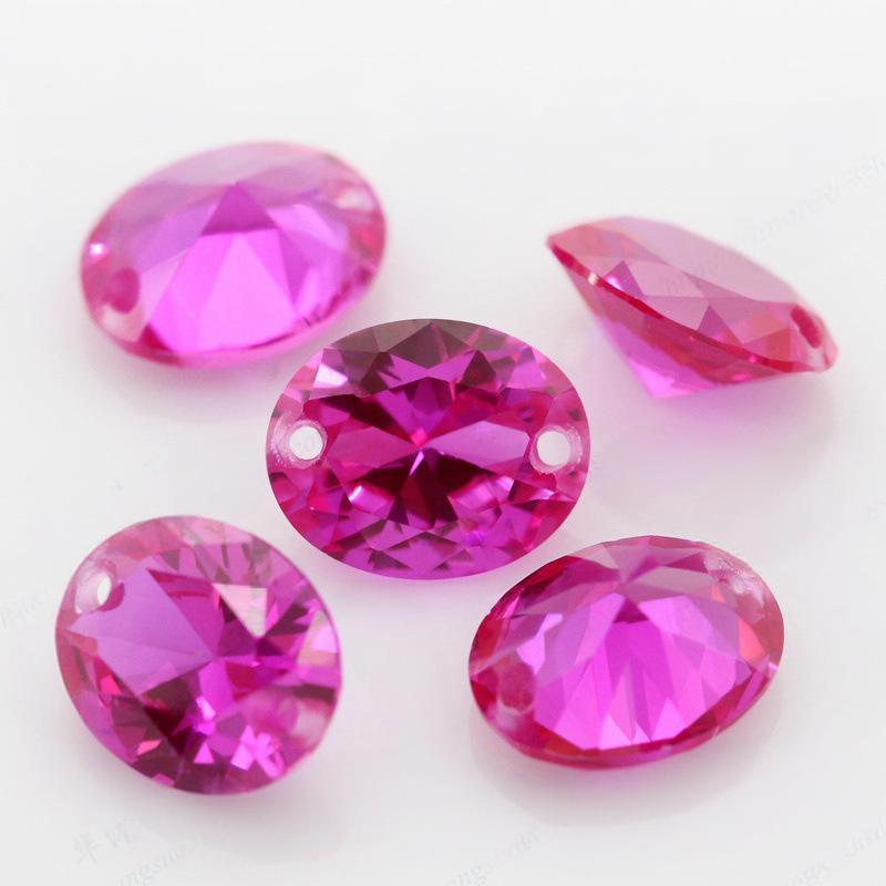 双孔蛋形3#红刚玉裸石 带孔人造合成玫红宝石裸钻diy