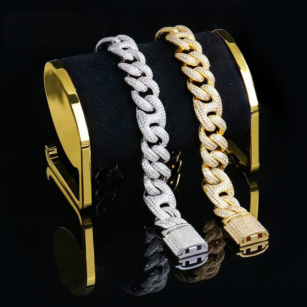 15mm欧美嘻哈说唱男式古巴链粗s925银镀金镶莫桑钻手饰高级感手链