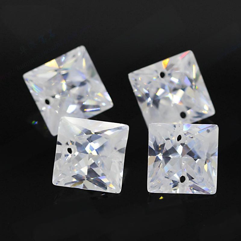 正方形直角白色锆石双孔裸石 公主方透明色宝石批发打孔