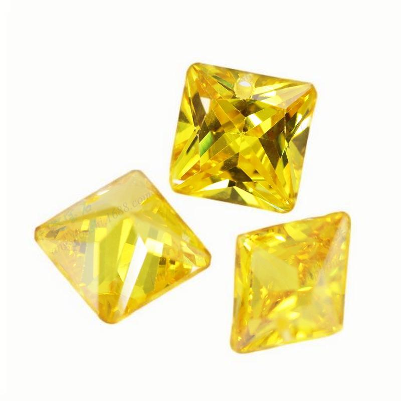 金黄色锆石正方直角单孔裸石批发 CZ边线打孔饰品首饰