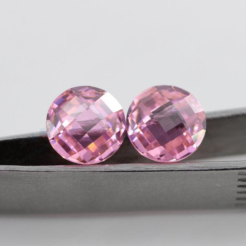 圆形粉色双龟面锆石裸石 格子面CZ合成立方氧化皓石批发