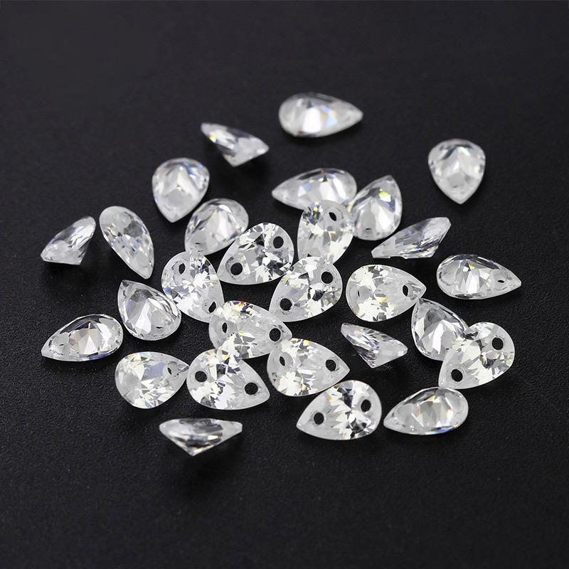 梨形双孔白色锆石裸石批发 白色cz耳钉耳环打孔钻水滴形