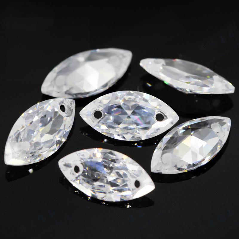 双孔马眼白色锆石戒面裸石 树叶形人造CZ宝石饰品主石