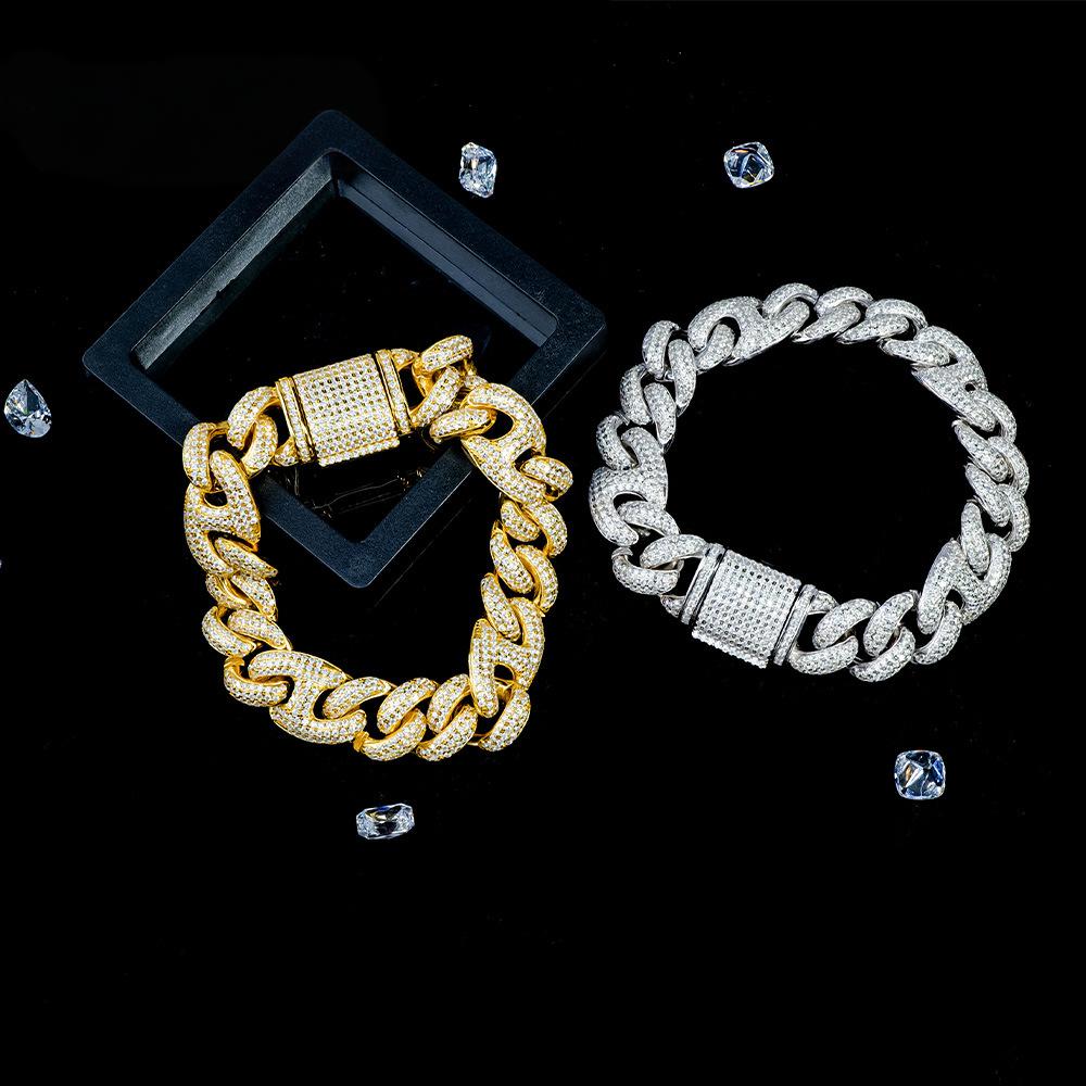 15mm欧美嘻哈说唱男式古巴链粗s925银镀金镶莫桑钻手饰高级感手链