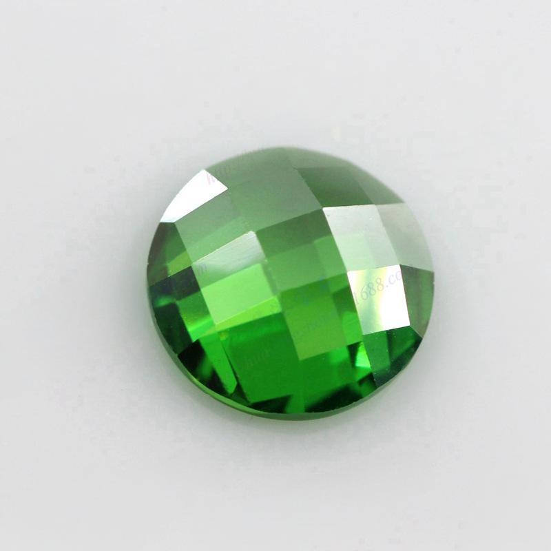 圆形平底龟面绿锆裸石批发 格子面祖母绿色皓石宝石饰品