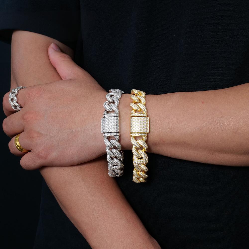 15mm欧美嘻哈说唱男式古巴链粗s925银镀金镶莫桑钻手饰高级感手链