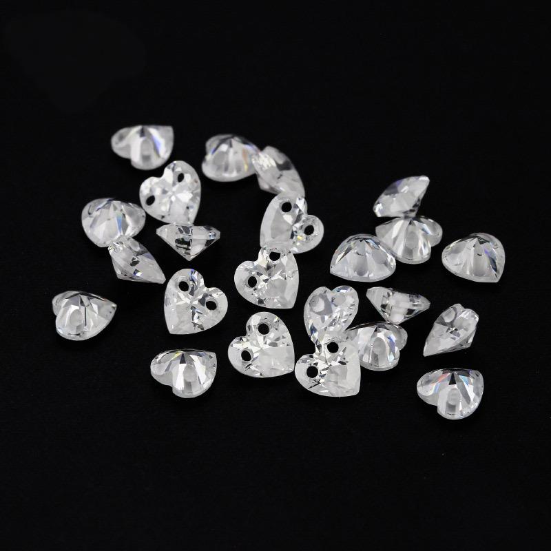 双孔心形白色锆石裸石 透明人造尖底宝石打孔DIY配件