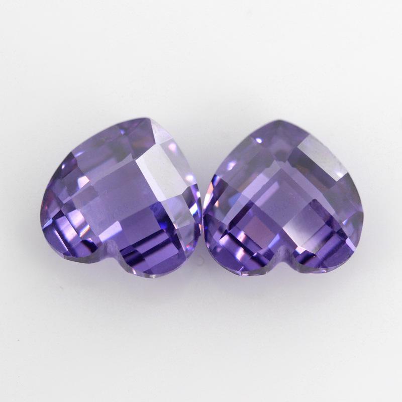 紫红色 心形锆石双龟面裸石 紫红锆格子面仿钻耳环饰品