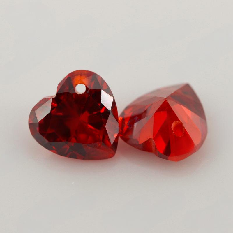 心形石榴红色锆石单孔裸石 人造CZ宝石尖底大红色打孔