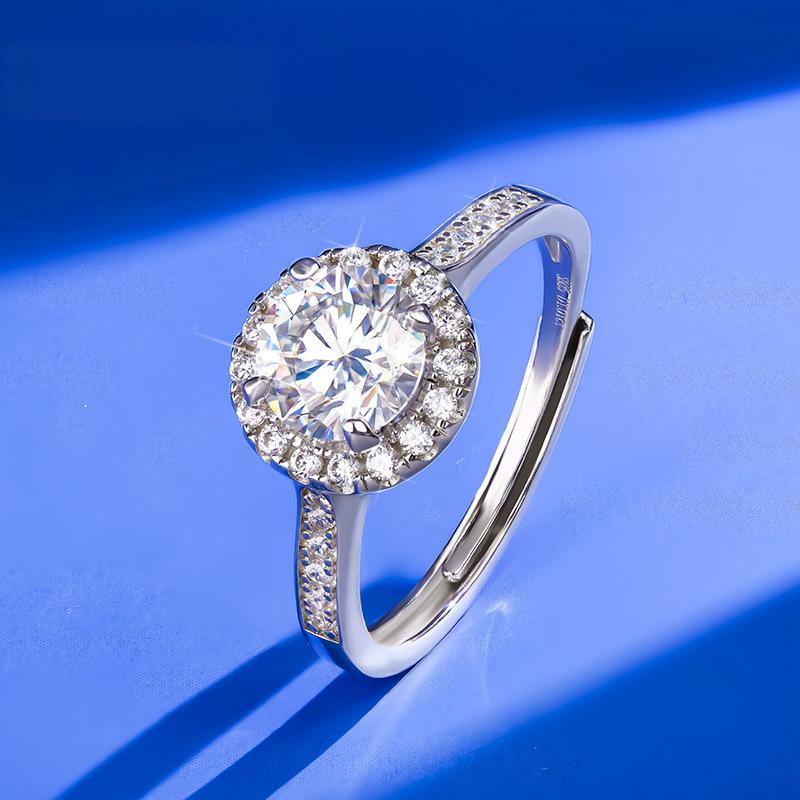 925银正品莫桑石戒指女生围镶纯银开口一克拉钻戒工厂批发