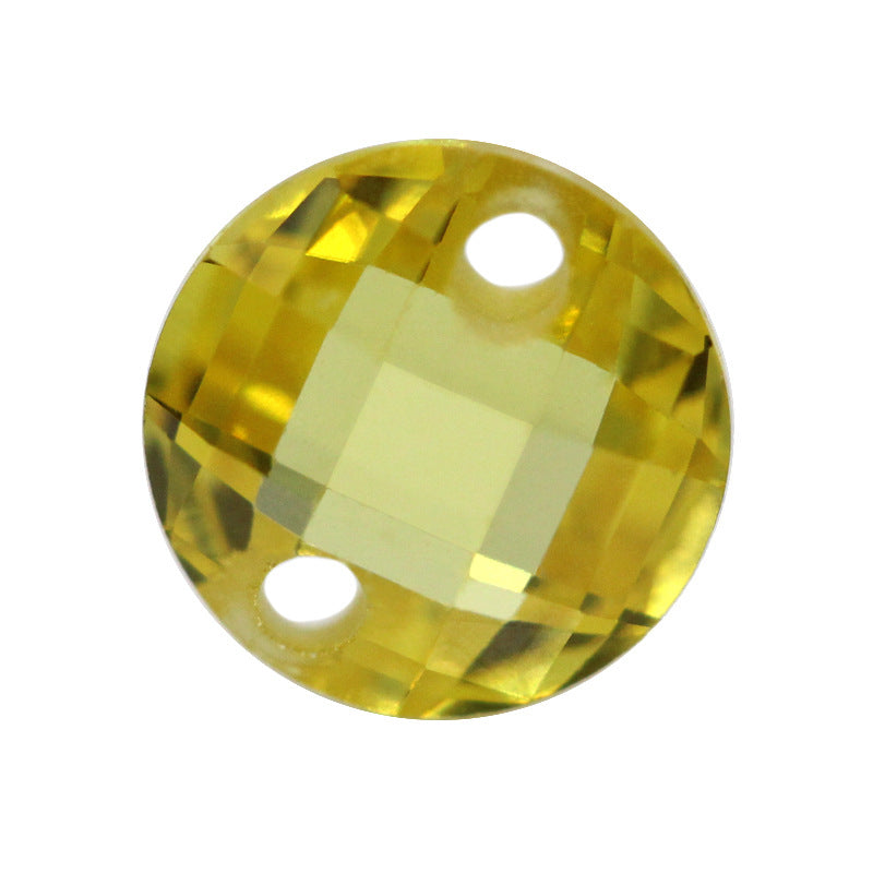 双孔圆形金黄色双龟面锆石裸石 格子面人造CZ宝石打孔