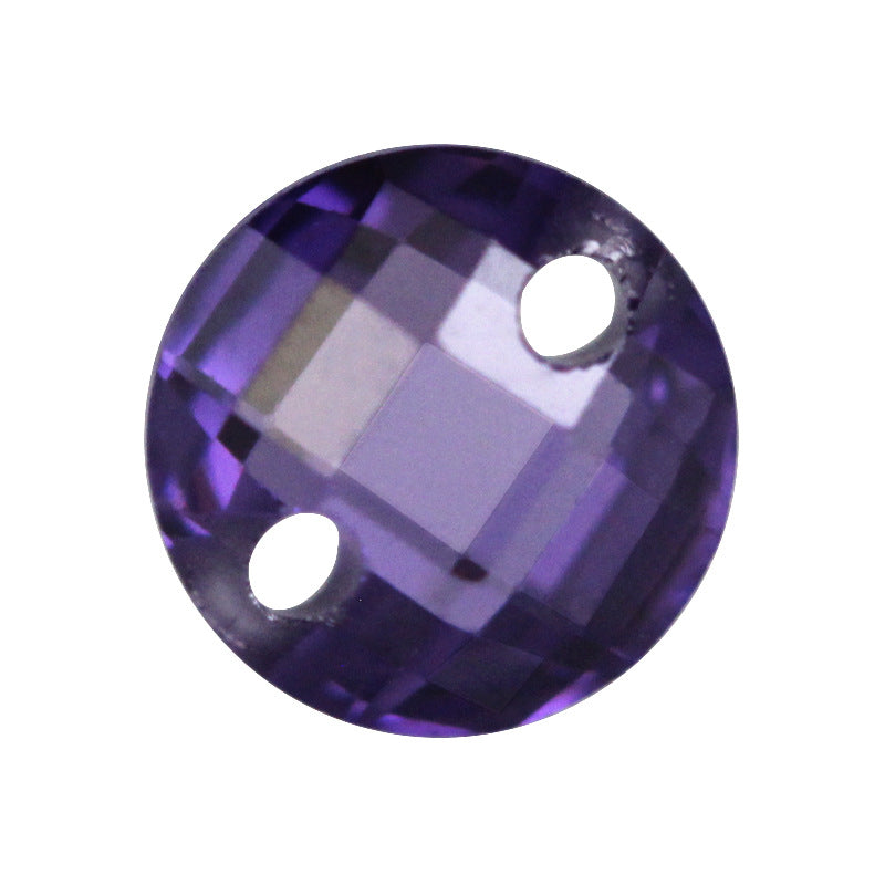 双孔圆形紫红色双龟面锆石裸石 格子面人造CZ宝石带孔
