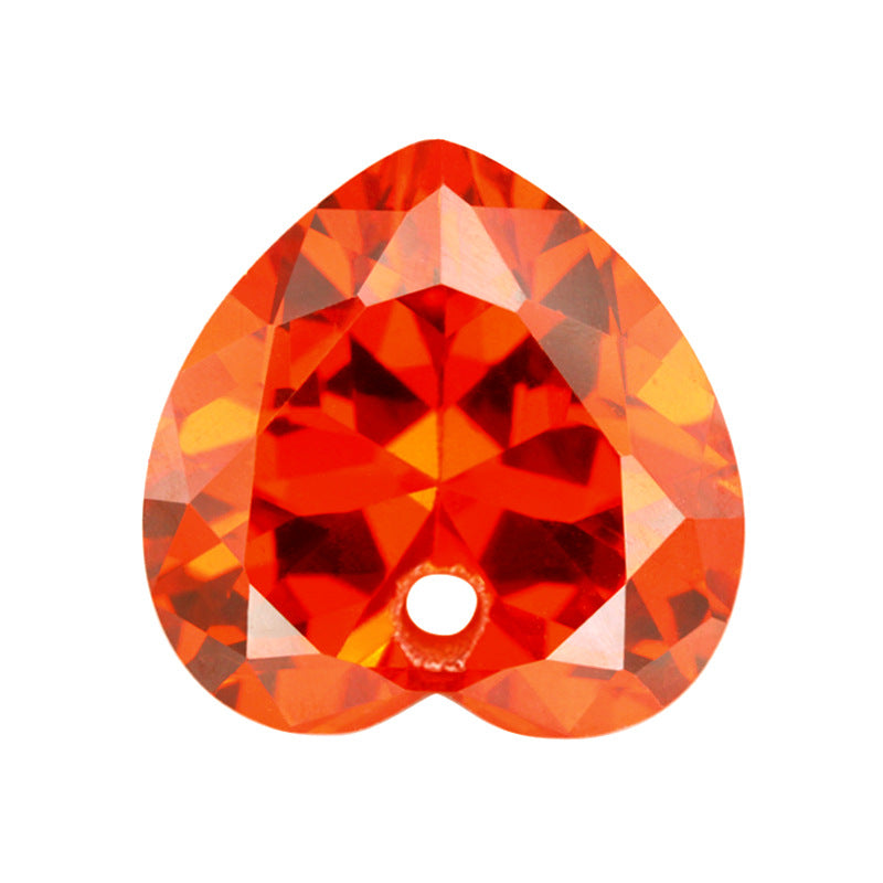中间单孔桃心形桔红色锆石裸石 带孔心形人造橘红色宝石