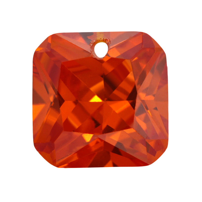 单孔正方倒角桔红色锆石裸石 边线中间孔人造宝石橘红色