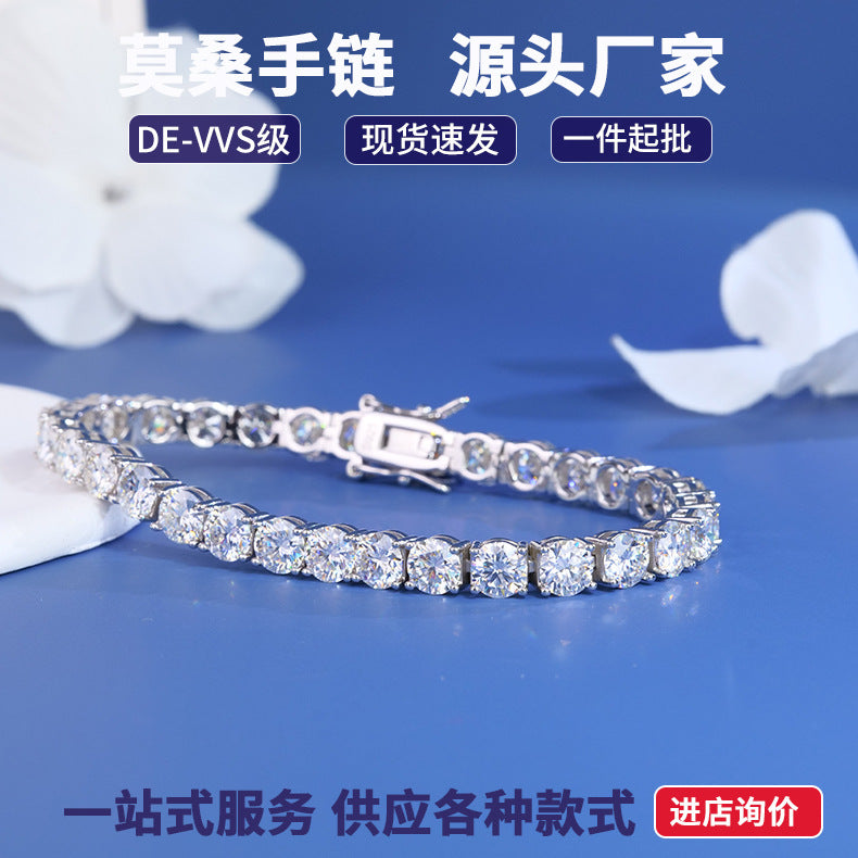 3-4mm满镶莫桑石女士网球手链S925银简约轻奢高级感男情侣网球链