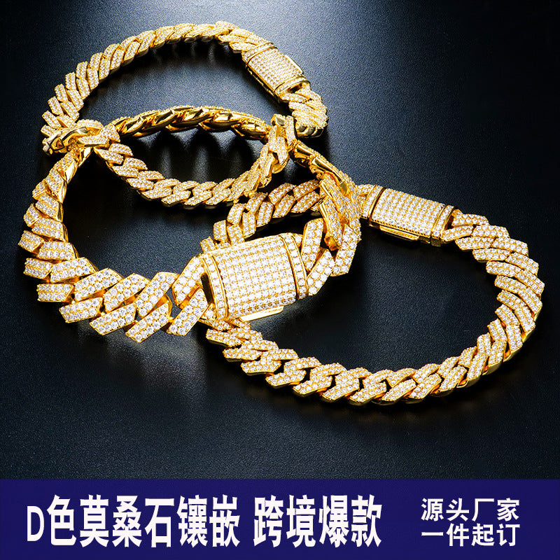 8mm跨境欧美嘻哈古巴手链镀金粗款莫桑石男高级感痞帅轻奢古巴链