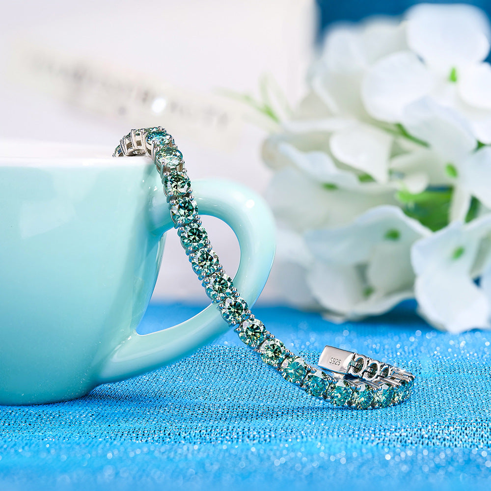 首饰S925银网球手链女蓝绿色嘻哈风满镶莫桑石单排潮流手串