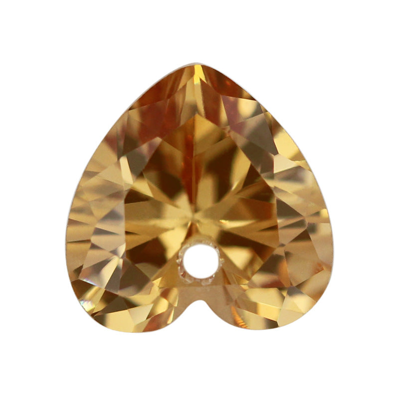 单孔桃心形香槟色带孔锆石裸石 心形人造宝石香槟色皓石