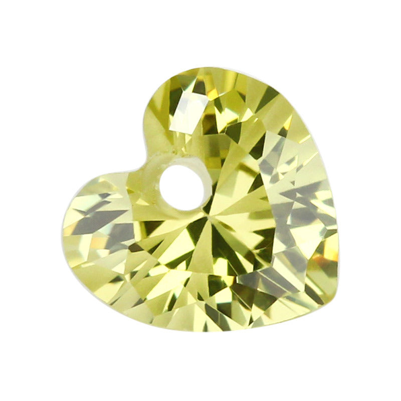 中间单孔桃心形橄榄黄色锆石裸石 打孔人造CZ宝石心形