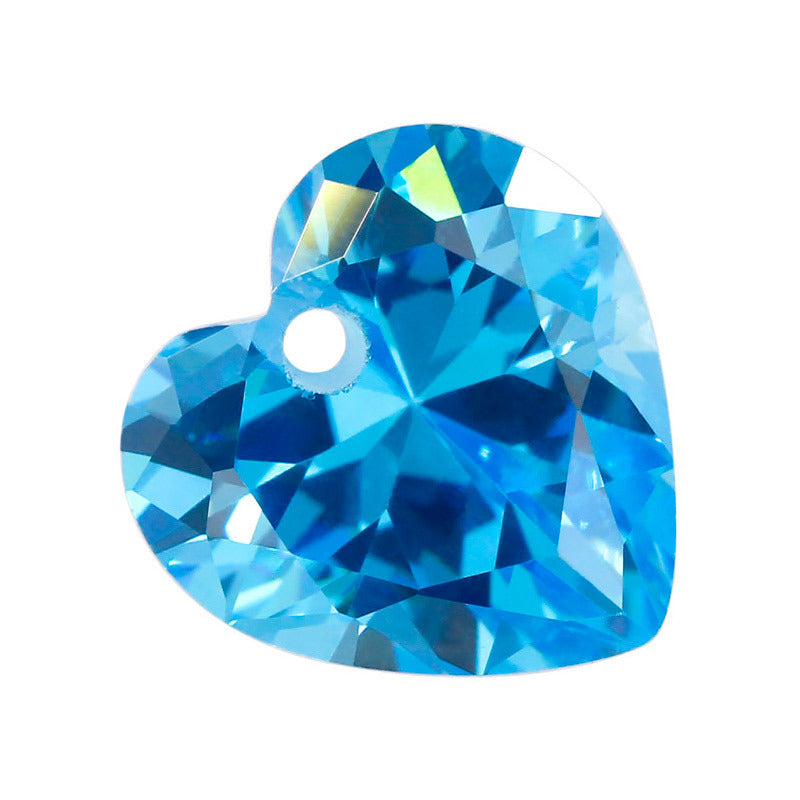 中间孔心形海蓝色锆石裸石 单孔打孔人造海兰色宝石皓石