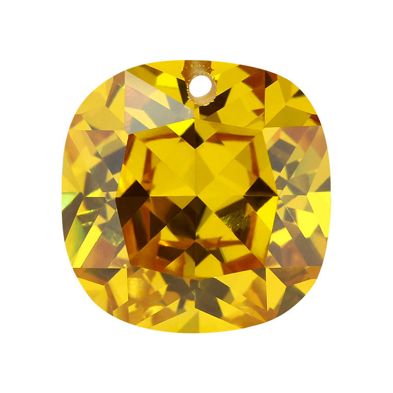 中间单孔金黄色肥正方形锆石裸石 枕形戒面带孔裸石宝石