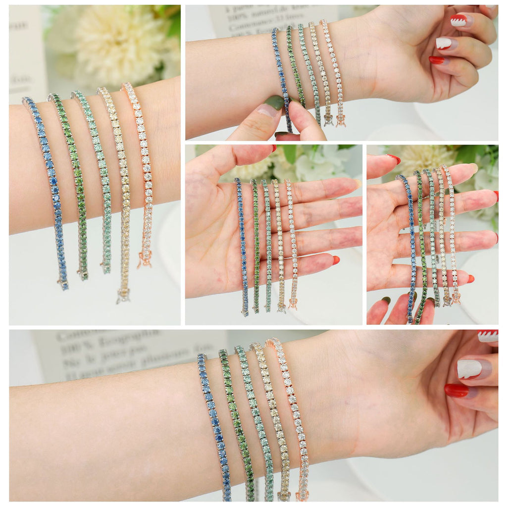 首饰S925银网球手链女蓝绿色嘻哈风满镶莫桑石单排潮流手串