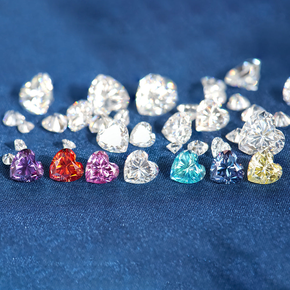 彩色莫桑石心形裸石柠檬黄粉紫石榴红宝蓝海水蓝0.3-5克拉莫桑钻