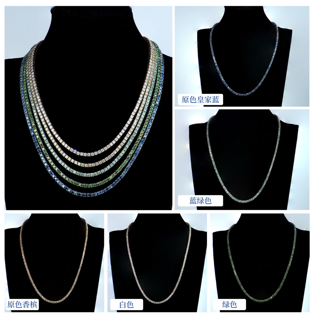 3mm新款跨境莫桑石网球项链蓝绿项链嘻哈潮流饰品