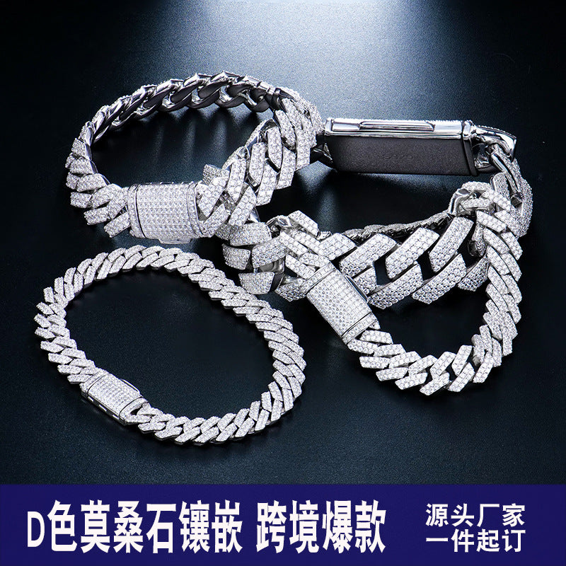 跨境欧美嘻哈首饰莫桑石古巴手链粗男士高级感痞帅轻奢古巴链