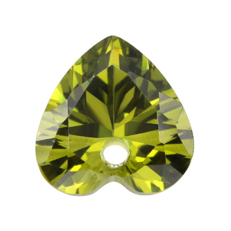 单孔桃心形橄榄绿色锆石裸石 打孔人造CZ宝石心形戒面
