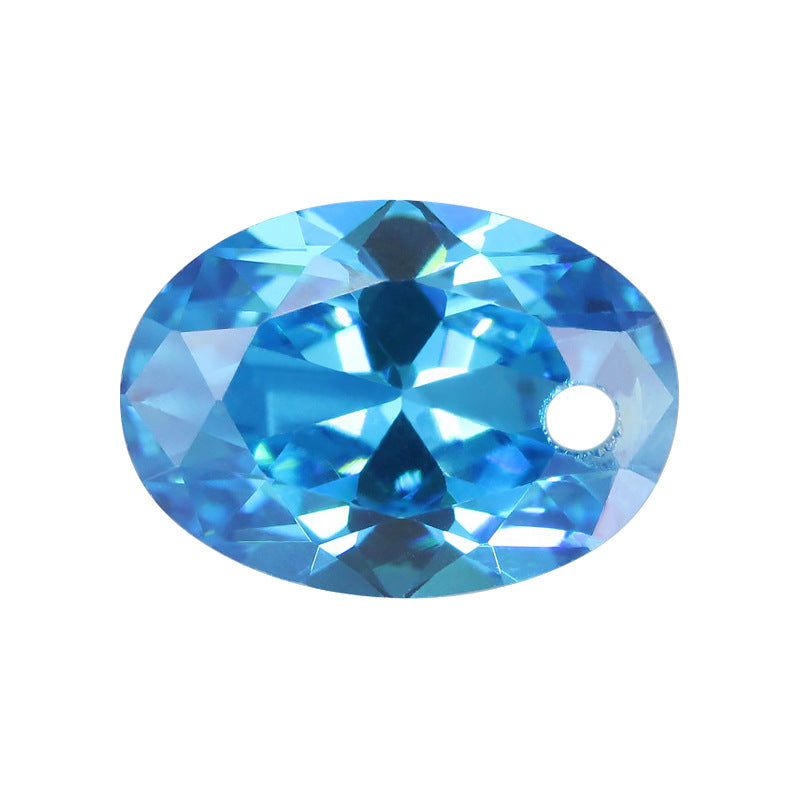 单孔蛋形海蓝色锆石裸石 椭圆形带孔海兰色锆石合成宝石