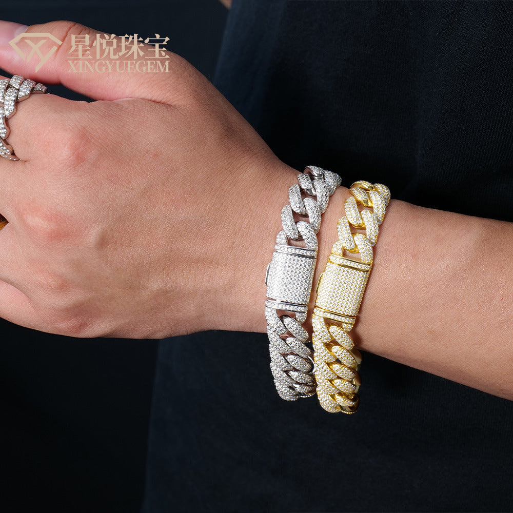 14mm跨境欧美嘻哈镀金手链粗款3排莫桑石男高级感痞帅轻奢古巴链