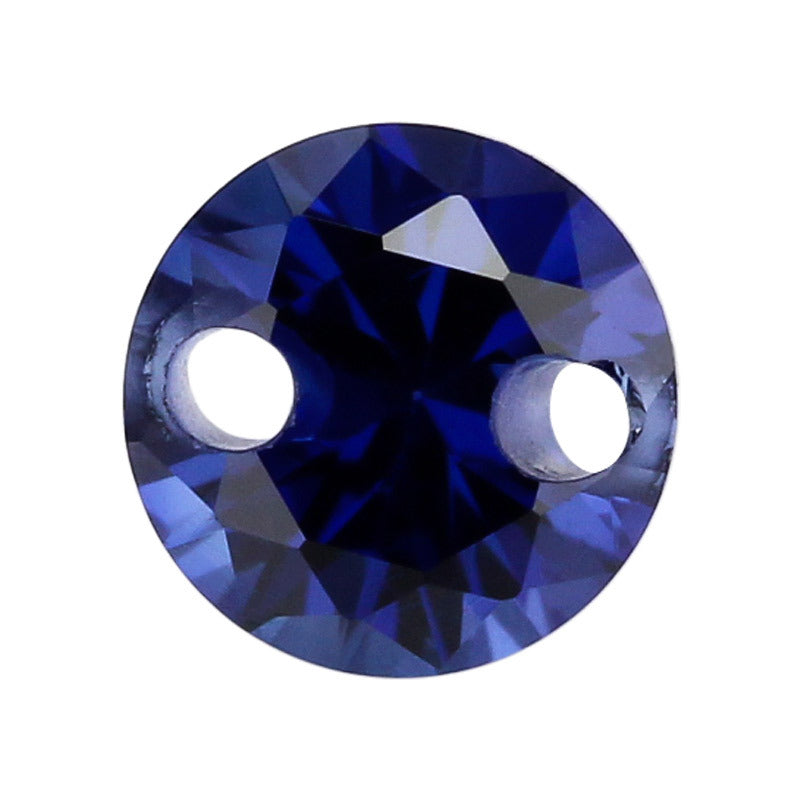 双孔圆形34#蓝刚玉戒面单孔裸石 打洞人造兰宝石镶饰品